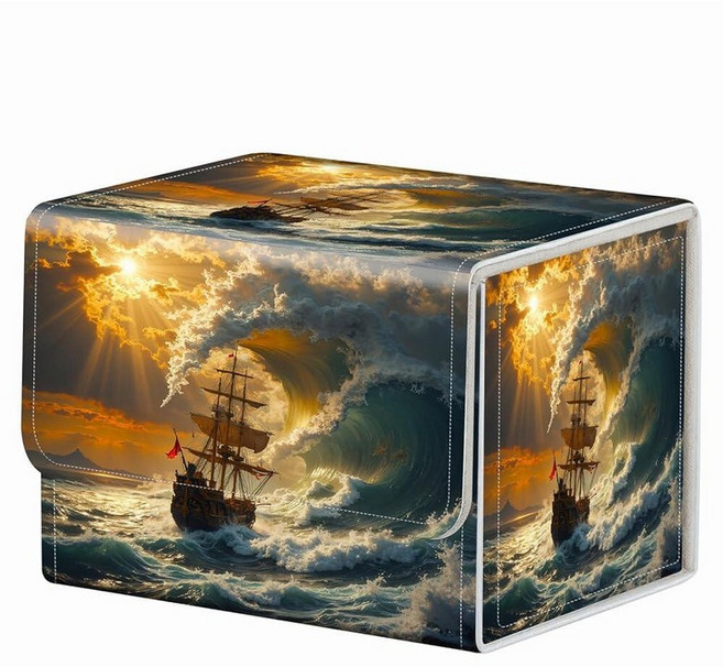 RMJKXQZG 강력한 자석 카드 케이스 데크 박스 Mtg 플레잉 매직 Tcg 최대 200장의 크리에이티브 패턴 트레이딩 보관 상자 수집용 게임용 선 페이스 레드 타로 16, 일몰 일출 범선