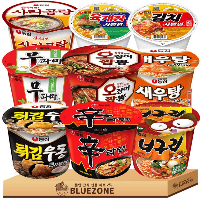 [블루존] 농심 국물 큰컵라면 세트 신라면 너구리 사리곰탕 새우탕 튀김우동 무파마 오징어짬뽕 육개장 김치사발면 라면스틱, 1박스