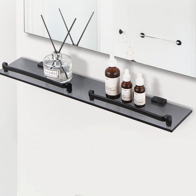 국산 올블랙 젠다이 강화유리 일자형 타공식 세면대선반, 1개