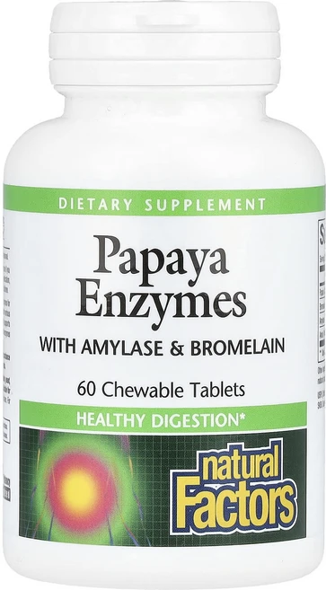 Natural Factors 파파야 효소 아밀라아제 및 브로멜라인 함유 츄어블 정 60정, 1개 - 쿠팡