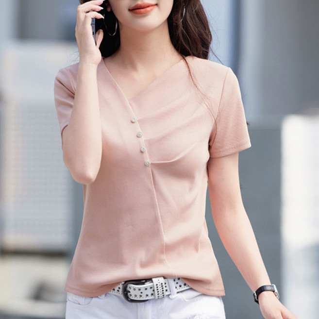 이매력 여성 언발란스 브이넥 슬림핏 티셔츠 여성스러운 골지 혼면 심플 반팔티셔츠 YL52053