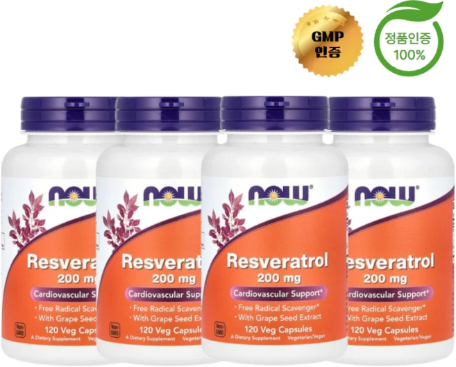나우푸드 천연 레스베라트롤 200mg 베지 캡슐 120정, 4개 - 쿠팡