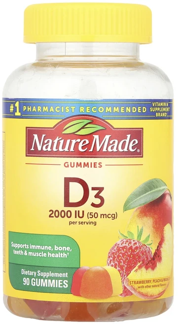 Nature Made 비타민D3 구미젤리 딸기 복숭아 & 망고 구미젤리 90개(구미젤리 1개당 25mcg(1000IU)), NatureMade비타민D3구미젤리딸기복숭아망고구미젤리, 1개 - 쿠팡