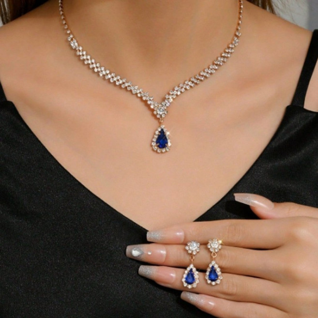 FANSYLI 웨딩 주얼리 세트 여성 반짝이 1큐빅 목걸이 귀걸이 2p 세트 모이사나이트 드레스 주얼리 투피스 W2505M19