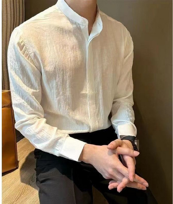 春秋長袖立領褶皺面料男襯衫 海邊度假風休閒百搭純色襯衣