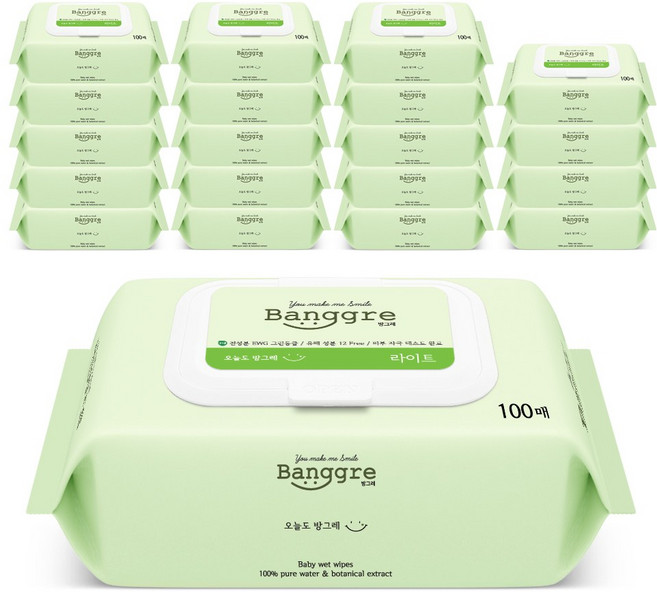 방그레 라이트 유아물티슈 캡형, 100매, 20개