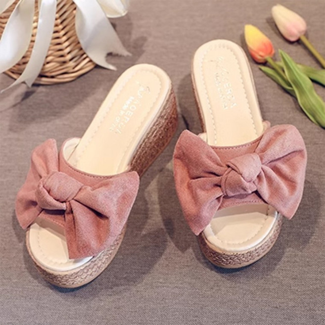 나오유 슬리퍼 왕리본 통굽 여성용 예쁜 키높이 샌들