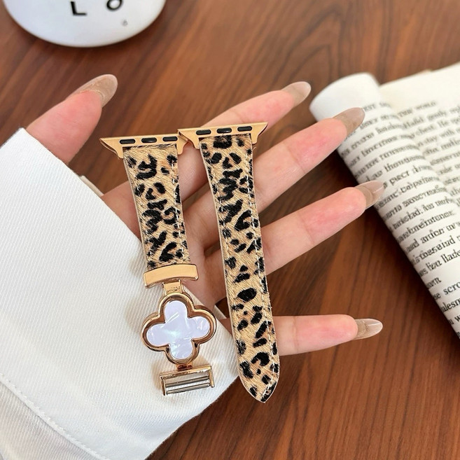 생활보물창고 애플워치 가죽스트랩 네잎클로버 호피무늬 여성 소가죽, 1개, 화이트