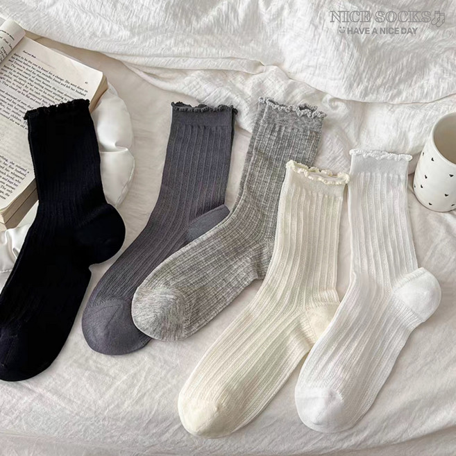 여성 발레코어 레이스 프릴 중목 양말 5켤레 세트