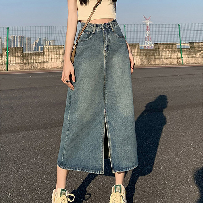 高腰開叉牛仔長裙 女