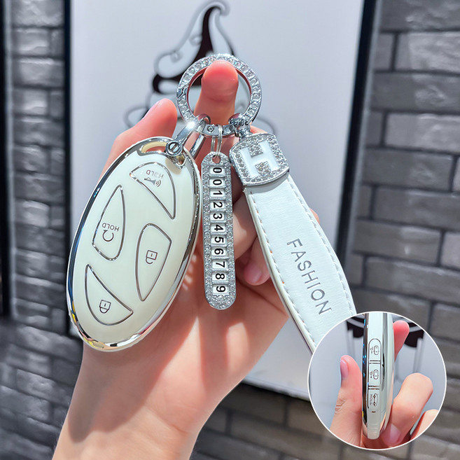 현대 차키 호환상품 풀커버 TPU 키케이스 + 스트랩 키링 + 번호판 세트, 7버튼화이트