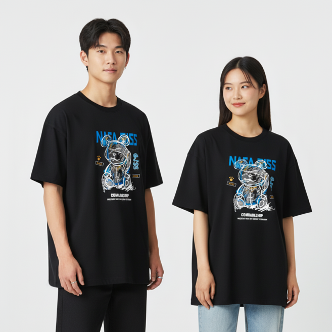 X곰돌이 남자 오버핏 프린팅 반팔 티셔츠 빅사이즈