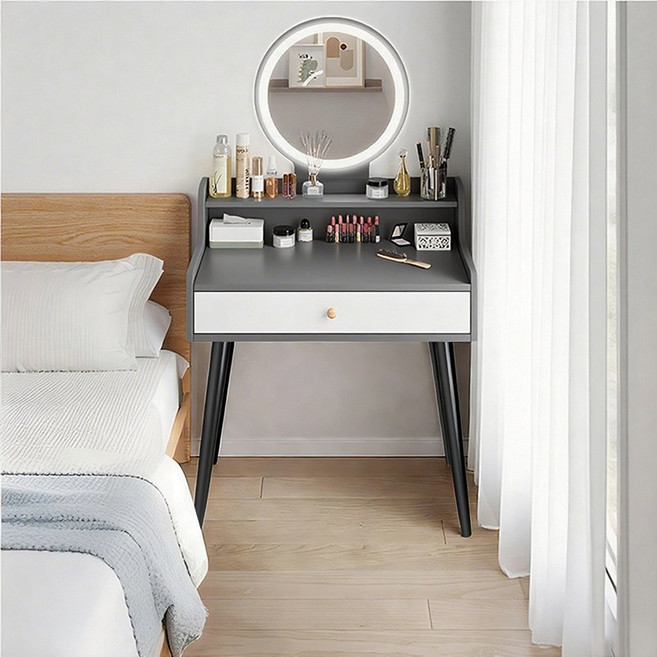 원트두 화장대 미니 거울 LED 조명 침실 입식 수납형, 화이트그레이