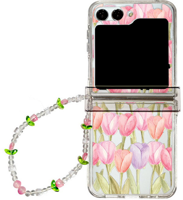 갤럭시Z플립 3 4 5 튤립 가든 스트랩 힌지보호 하드 케이스