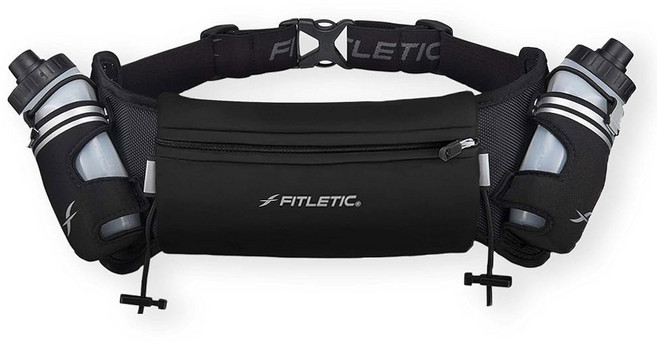 남녀용 물병이 달린 핏레틱 하이드레이션 러닝 벨트 u2013 2 퀵 플로우 8온스 물병 특허받은 바운스 프리 디자인 방수 파우치가 모든 휴대폰 Hydra 16에 맞습니다, Black, L/XL (35"-42"), 1개, 없음