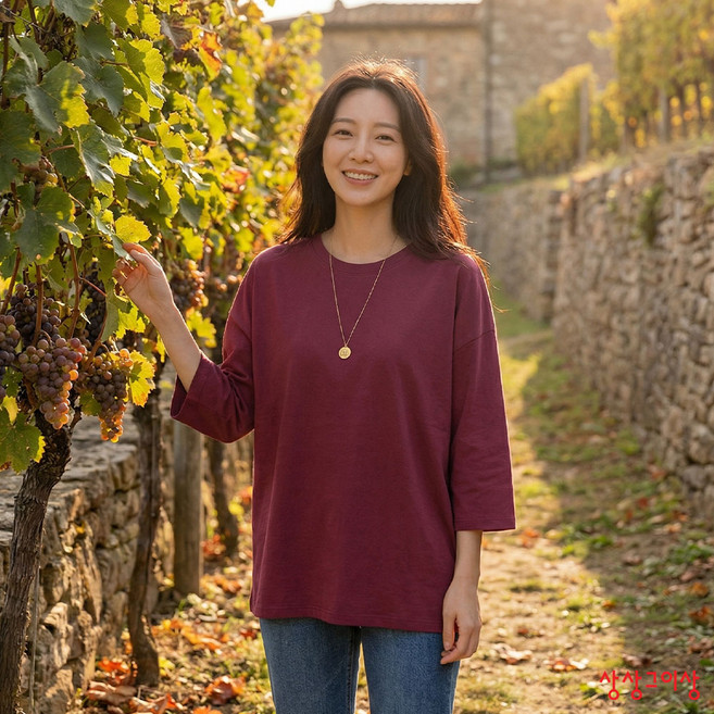 상상그이상 여성용 국내제작 박스 7부 부드러운 슬라브원단 루즈핏 라운드넥 무지 티셔츠 레이어드 이너티