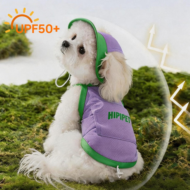 Jeernare 자외선 차단 강아지 여름옷 시원한 강아지 하네스옷 여름 통기 얇은 강아지옷 아이스팩 모자증여, 1개, 퍼플