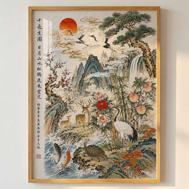 [복화당] 십장생도 민화 동양화 그림 풍수지리 돈들어오는그림 개업선물 인테리어 거실 액자, 화이트(무광)