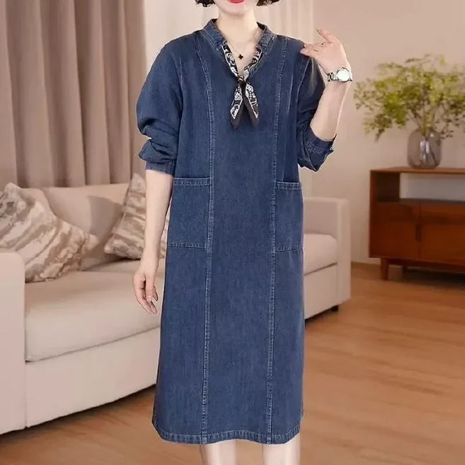 牛仔連衣裙 春秋休閒寬鬆顯瘦, 藍色