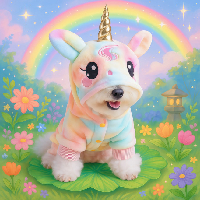 귀여운 유니콘 펫 후드 코스프레 옷 - 레인보우 그라데이션 따뜻한 플러시 소재, 1개, 컬러풀