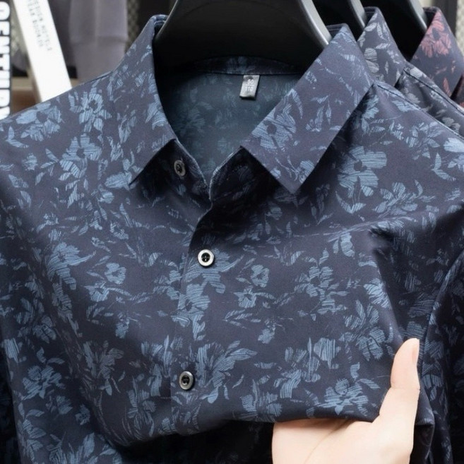 고급 플라워 프린트 남성 긴팔 셔츠 시원한 슬림핏 꽃무늬 남방