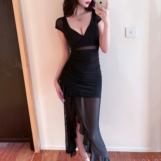 여성 브이넥 망사 옆트임 슬림핏 롱 원피스 클럽 홀복 파티복 슬림소녀