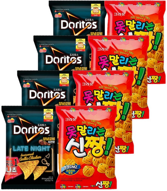 롯데 크라운 도리토스 양념갈비치킨맛 84gx4개+신짱 120gx4개 (총8개) 과자세트, 1세트, 816g