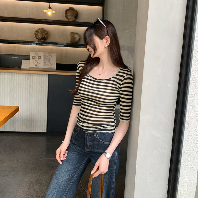 MIREA 여성 7부 슬림핏 스트라이프 티셔츠 라운드넥 봄여름 데일리 CTX05
