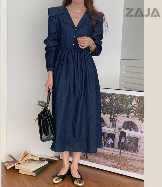 ZAJA 봄 가을 칼라 긴팔 루즈핏 여성 롱 데님 원피스