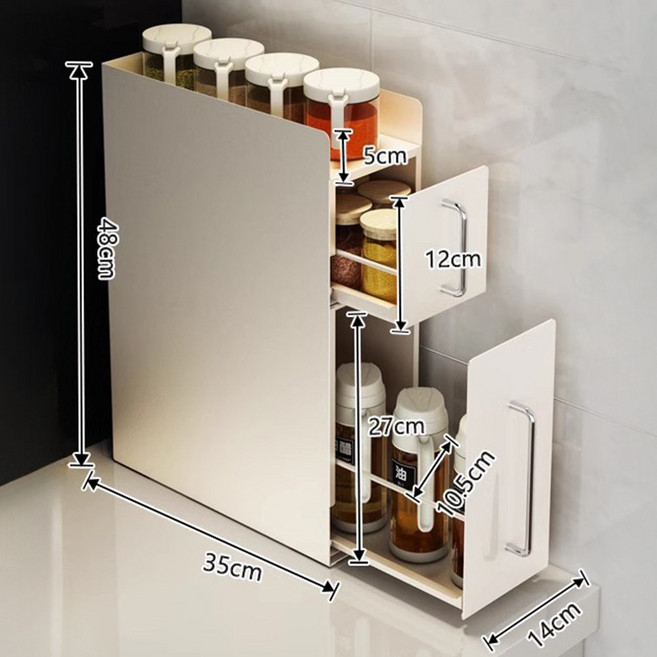 HK sell 미끄 슬라이딩 철제수납장 슬림 틈새수납 양념통 디귿 서랍, 2단, 화이트, 1개