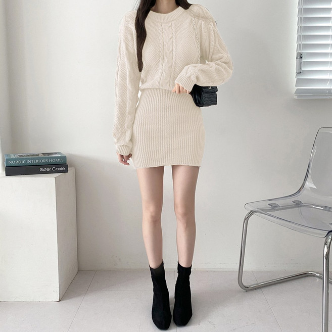 요시아나 [당일발송] 블랑슈 꽈배기패턴 슬림 니트 미니 원피스 3컬러