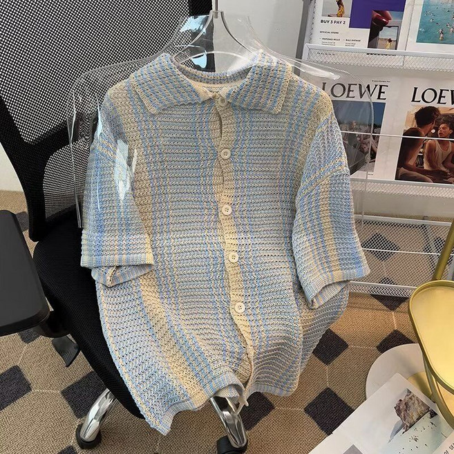 남자 펀칭 반팔 니트 카디건 남성 빈티지 스트라이프 터틀넥 반팔 가디건 여름 캐주얼 반팔 니트 상의 LT