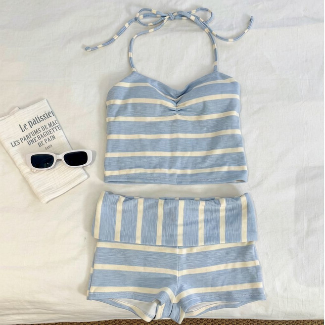 小清新吊帶連身泳衣 女士遮肉顯瘦 度假溫泉保守款, 藍色條紋比基尼,XL