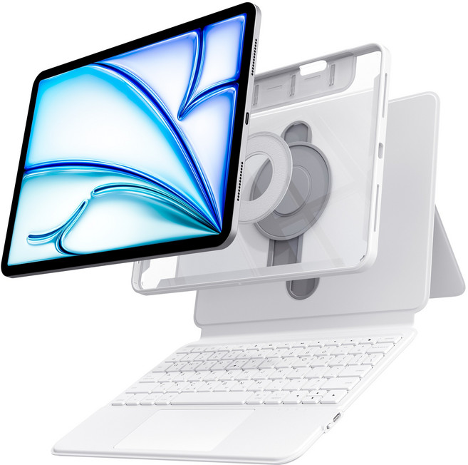 AITEWO 아이패드 키보드 케이스 매직 맥세이프 세로 가로 높이조절 펜슬수납 트랙패드 M4 M5 A16 10.9/11/12.9/13인치 프로1/2/3/4세대 에어4/5/6/7, 화이트