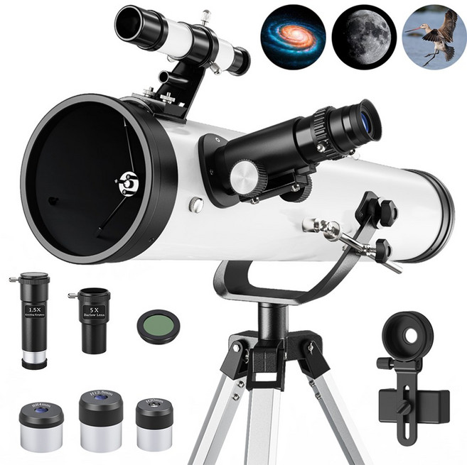 (35배-875배)입문 고배율 천문 우주 망원경 성인용 76mm 조리개 700mm 초점 거리 반사 천체망원경 접안렌즈 3개 바로우 렌즈 5배 달필터 휴대폰 홀더, 1개, 35-875