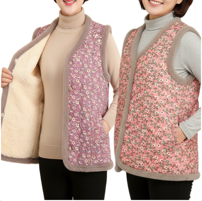 에버뉴 여성 겨울 누빔 조끼 플라워 모달 융털 포켓 베스트 2종 세트