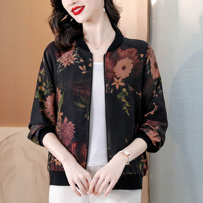 AOKADA 중년 여성 봄 가을 긴팔 야구 점퍼 플라워 바람막이 자켓 루즈핏 트렌디 가오리핏 상의