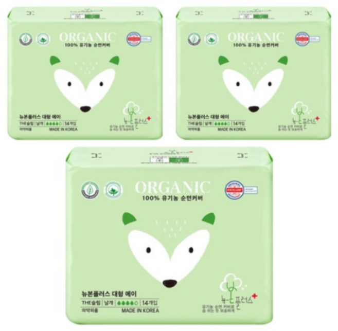 유기농본 뉴본플러스 중형 생리대 날개형, 대형, 12개입, 3개