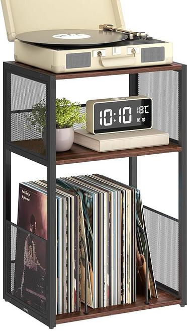 바사글 레코드 플레이어 스탠드 3단 사이드 테이블 최대 100장의 앨범 비닐 보관 거실용 엔드 침실 러스틱 화이트 ULET275W01, Regular, Natural Walnut