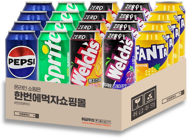 [한번에먹자] 캔음료수 6종 혼합 세트 뚱캔 펩시콜라 스프라이트 웰치스제로 애플망고 포도 밀키스 환타 파인애플 업소용 가정용 PC방 노래방 당구장 식당 식자재 탄산음료 모음 셋트, 24개, 350ml