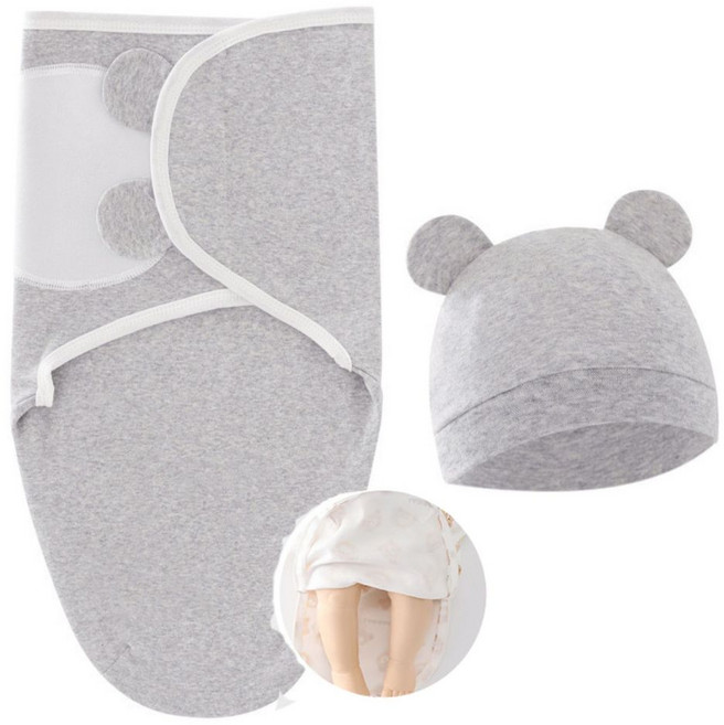 純棉嬰兒包巾 懶人 新生兒 大白菜 防驚嚇 寶寶安撫 拉鍊款 素面灰色 含帽子