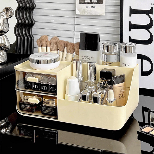 올해브 서랍식 칸막이 다용도 수납 화장품 정리함, 1개, 아이보리