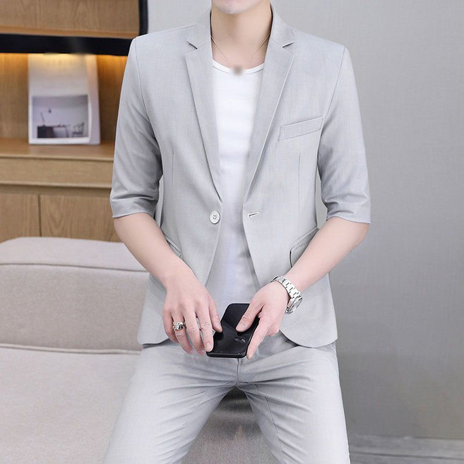 AOKADA 남성 여름 슬림핏 7분 소매 정장 자켓 (정장 바지) 캐주얼 블레이저