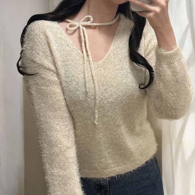 여성 리본 끈 브이넥 루즈핏 긴소매 니트 봄 가을