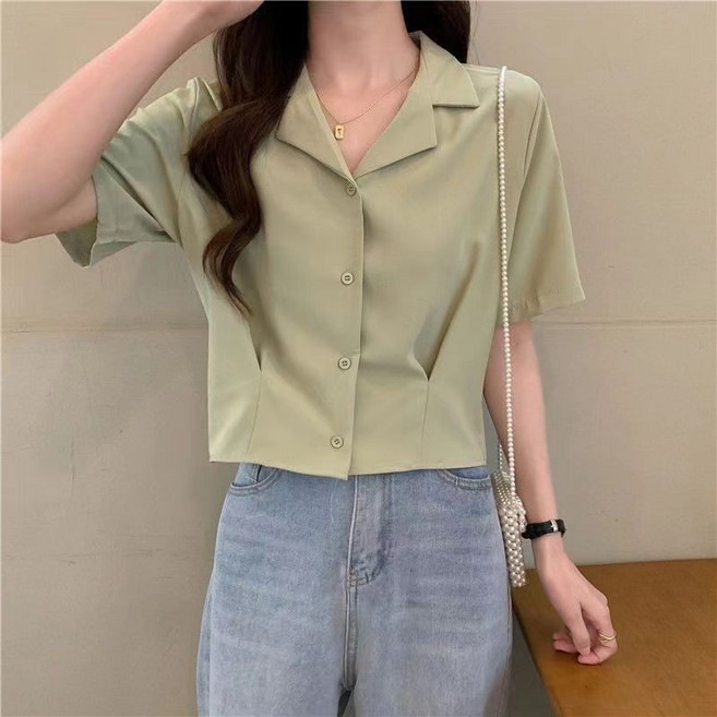 西裝領短袖襯衫 - 綠