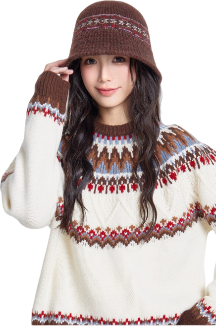 앨오앤지 니트 자카르 버킷햇 벙거지 패션 모자