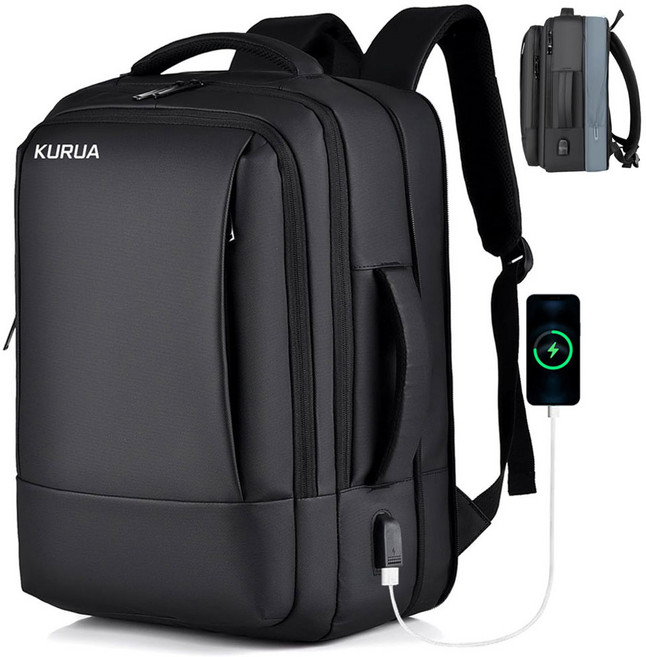 KURUA 확장형 직장인 대학생 대용량 여행용 17인치 방수 노트북 백팩, 블랙