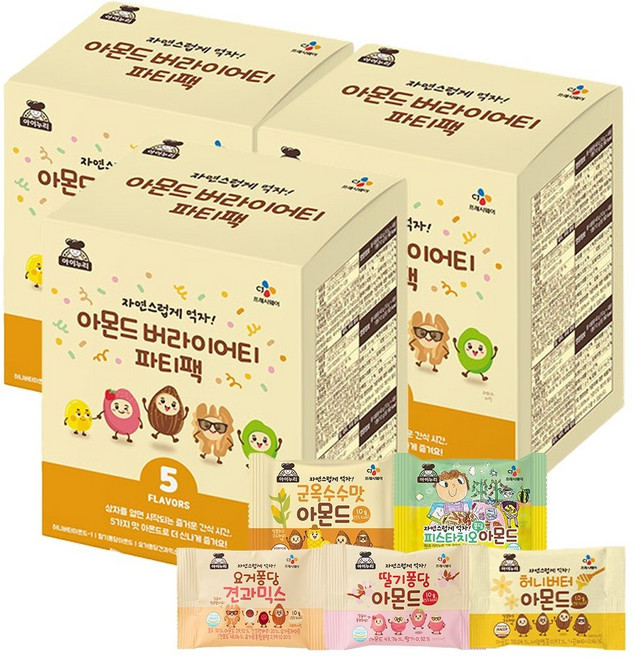 아이누리 5가지맛(군옥수수 허니버터 딸기퐁당 요거퐁당 피스타치오) 아몬드 파티팩, 3개, 220g