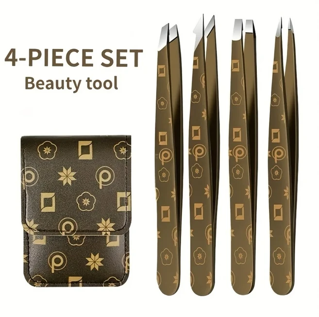 CMGF 눈썹 핀셋 세트 4개입 미용 정밀 눈썹 정리 얼굴 스테인리스 스틸 사선 눈썹 클립 제거 메이크업 도구, 04 Brown 4PCS