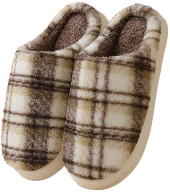 코날 논슬립 체크 겨울 실내화 폭신 쿠션 털 슬리퍼 방한 테리 룸슈즈, 1개, 브라운